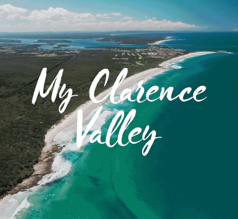 Image of the My Clarence Valley Logo with the ocean in the background